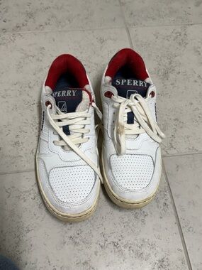 Sperry X Rowing Blazers Top Sider White Leather Sneakers with Red & Navy Details